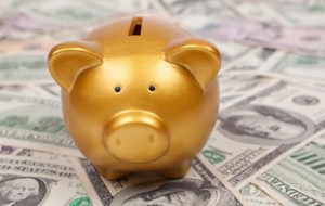 Gold piggy bank on money